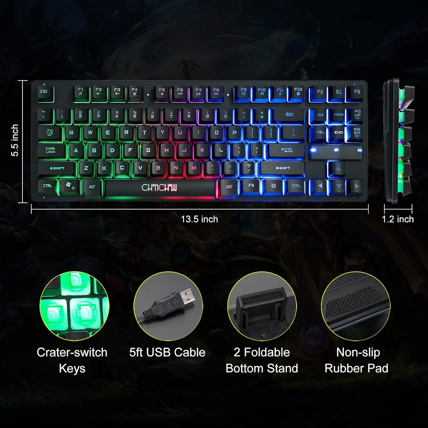 CHONCHOW 87-Key RGB Backlit Compact Gaming Keyboard - USB Wired Tenkeyless Keyboard for Laptop, PS4, Xbox, PC Gaming and Work