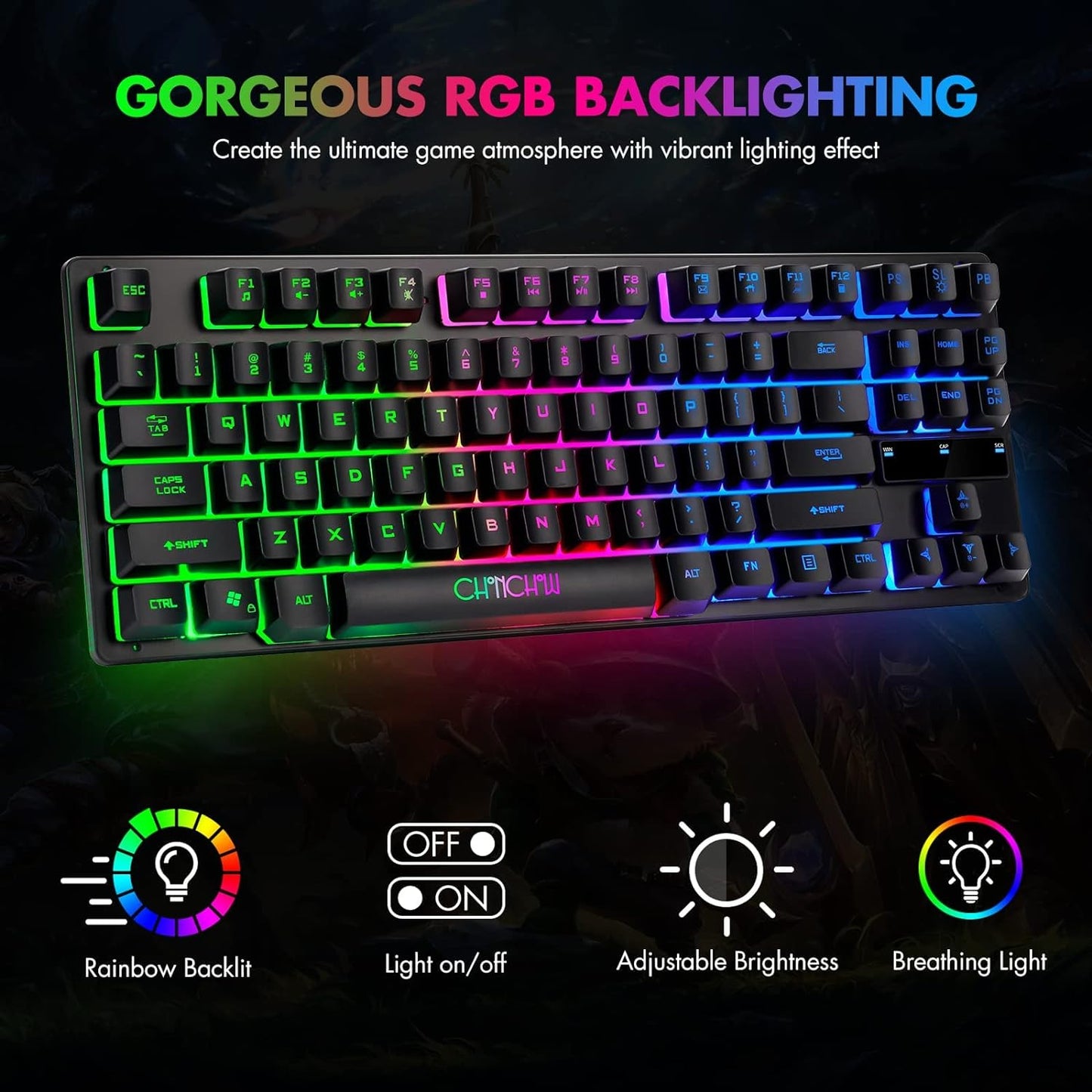 CHONCHOW 87-Key RGB Backlit Compact Gaming Keyboard - USB Wired Tenkeyless Keyboard for Laptop, PS4, Xbox, PC Gaming and Work