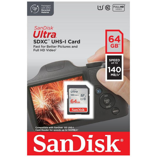 SanDisk 64GB Ultra SDXC UHS-I Memory Card - Up to 140MB/s, C10, U1, Full HD, SD Card - SDSDUNB-064G-GN6IN