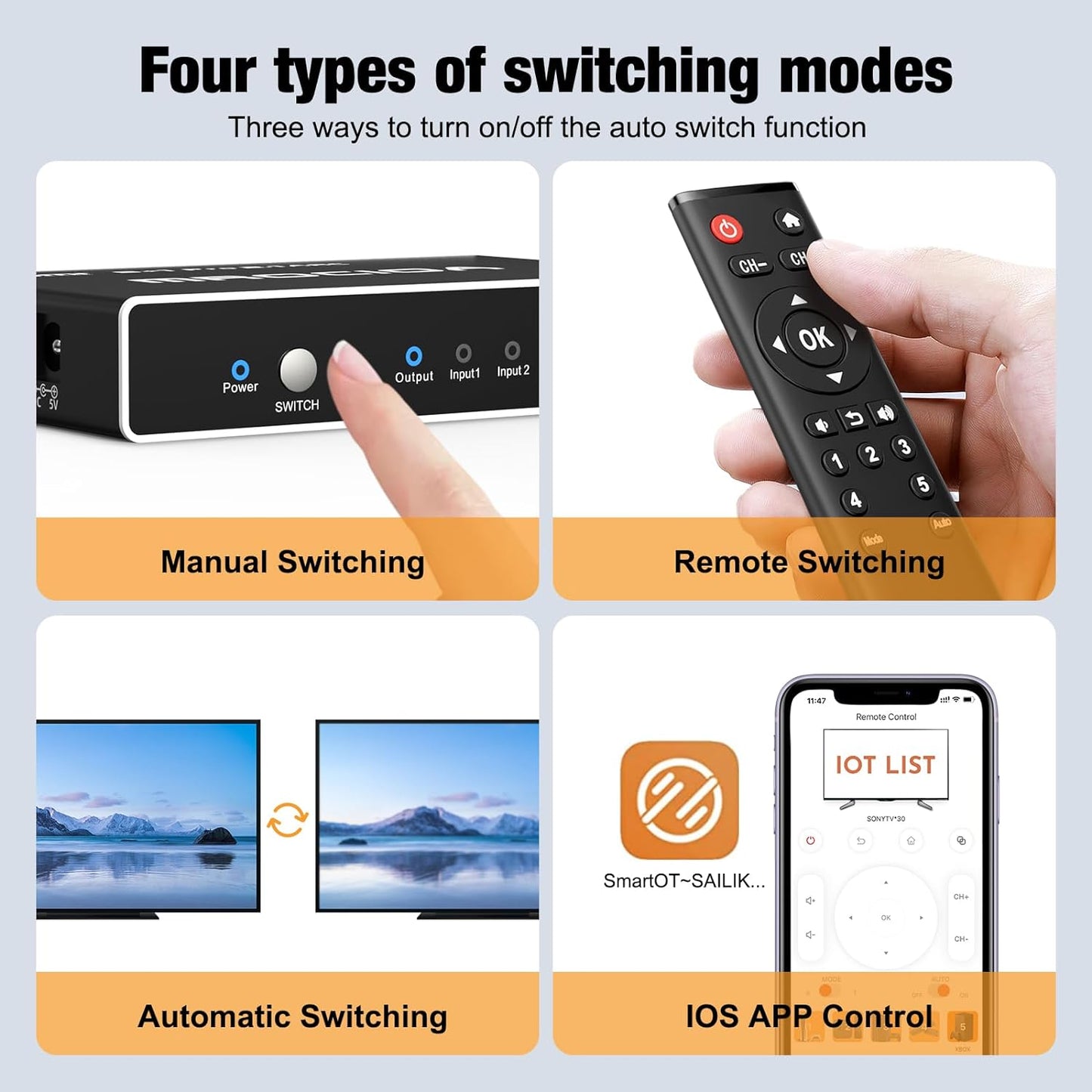 HDMI 2.1 Switch 8K 60Hz, 4K 120Hz 5 in 1 Out HDMI Switcher Splitter with iOS app/CEC Remote, Resolution Adjusted, ARC, HDR10+, Dolby Vision, HDCP 2.3, Dolby Atmos, VRR, ALLM for PS5 Xbox