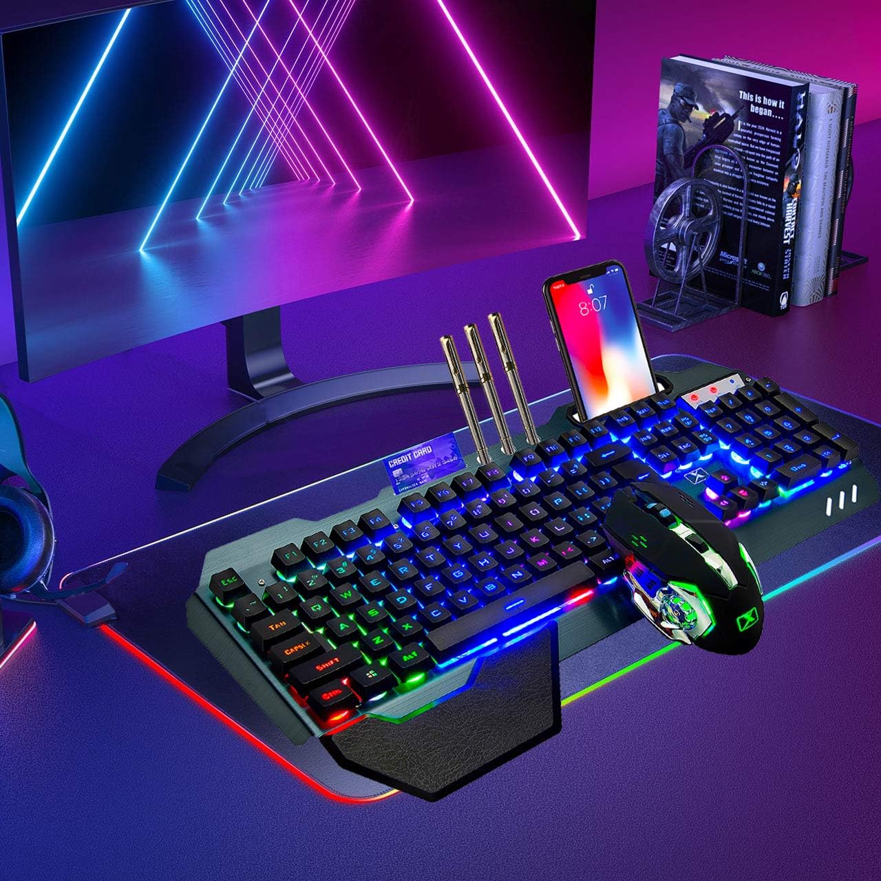 Wireless gaming Keyboard and Mouse,Rainbow Backlit Rechargeable Keyboard Mouse with 3800mAh Battery Metal Panel,Removable Hand Rest Mechanical Feel Keyboard and 7 Color Gaming Mute Mouse for PC Gamers